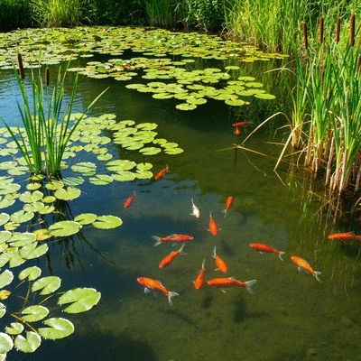 Clean, healthy pond with a diverse ecosystem, illustrating a successful pond maintenance plan
