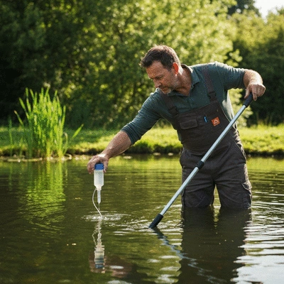 Close-up of a pond management professional taking a water sample from a clean, healthy pond