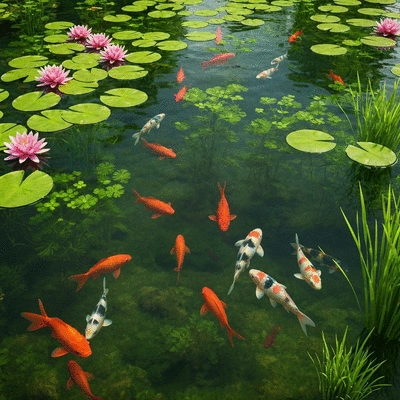 Healthy pond ecosystem with fish and aquatic plants