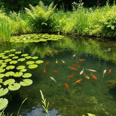 A clear, healthy pond with visible fish and aquatic plants, surrounded by lush greenery, no text, no words, no typography, clean image