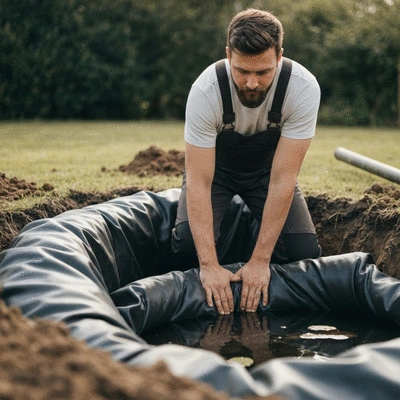 Person installing a pond liner in a garden pond