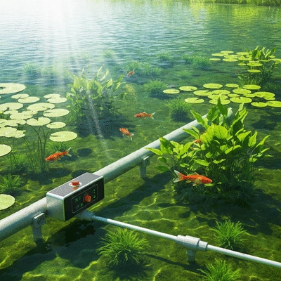 Modern algae control system installed in a clear, healthy pond