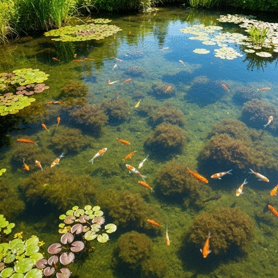 Healthy pond ecosystem with thriving fish and plants