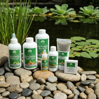 Assortment of eco-friendly pond care products on a natural background, such as beneficial bacteria bottles, water test kits, and biodegradable filters, no text, no words, no typography, 8K