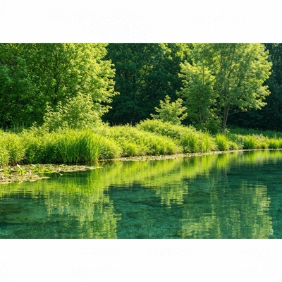 Lush green buffer zone with various plants bordering a clear pond, showing natural filtration