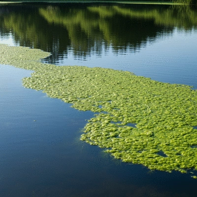 Lush green algae bloom covering a section of a serene pond, indicating nutrient excess, no text, no words, no typography, clean image