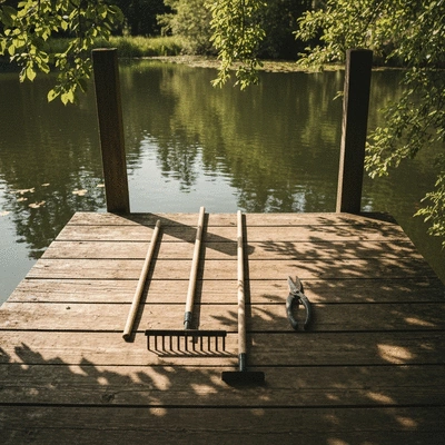 Various pond maintenance tools laid out on a clean surface