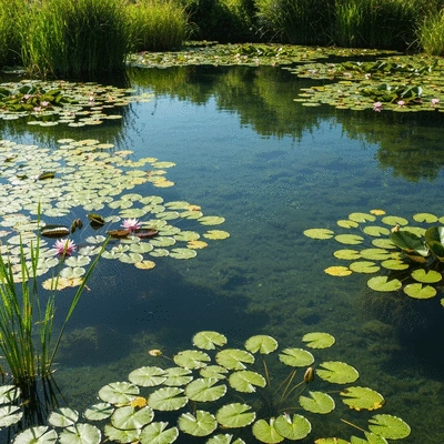 Clean, healthy pond with clear water and aquatic plants, no algae visible