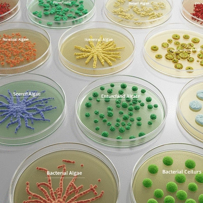Close-up of a diverse range of beneficial bacterial cultures in petri dishes, labeled for different algal types