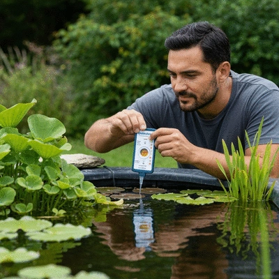 Pond owner carefully testing pond water with a kit, surrounded by lush pond plants, clear results visible