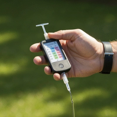 Close-up of a hand holding a pond water testing kit with clear results, natural outdoor lighting