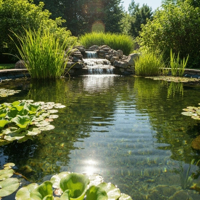 Beautiful backyard pond with a small waterfall and aquatic plants