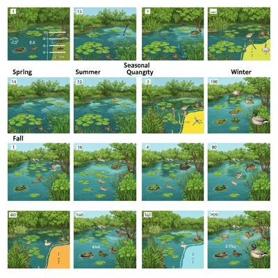 Detailed illustration of a pond ecosystem showing seasonal changes affecting water quality