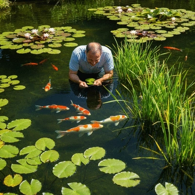 Person inspecting clear pond water with aquatic plants and fish