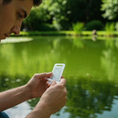 Person using a water testing kit to check pond water parameters