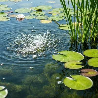 Close-up of healthy pond water with small bubbles from an aeration system, showing clear water and thriving aquatic plants