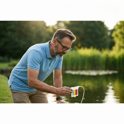 Person inspecting pond water for algae with a testing kit