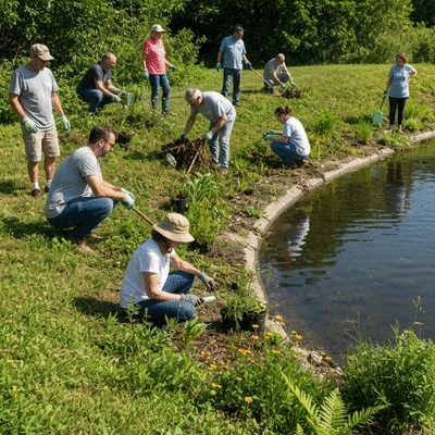Community volunteers cleaning up a stormwater pond