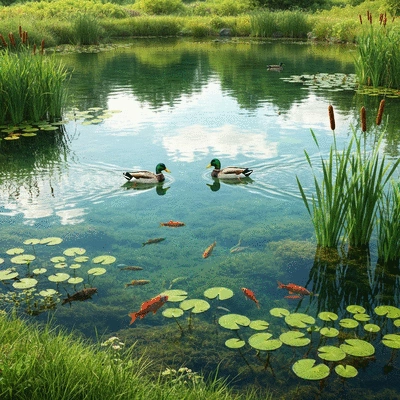 Healthy stormwater pond ecosystem with clear water and diverse wildlife