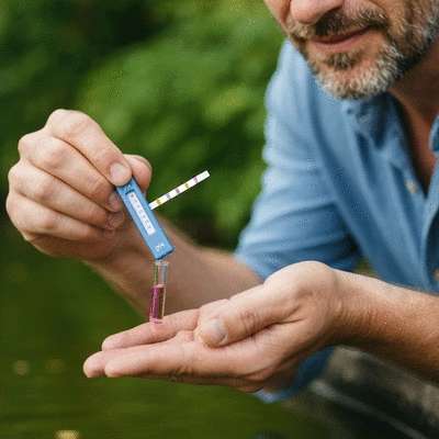 Person using a pH test kit for pond water