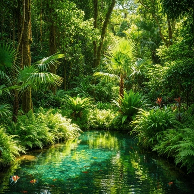 Person testing pond water quality with a kit, showing healthy clear water, green plants, and fish