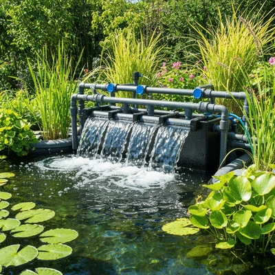 Modern pond filtration system with clear water flowing