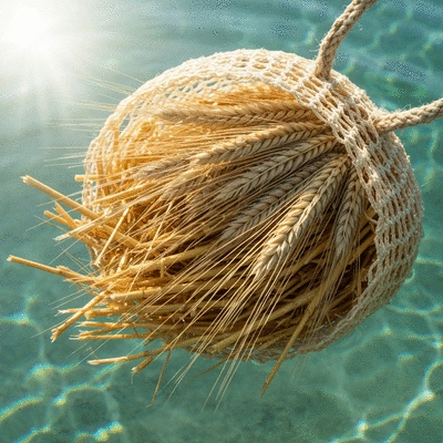 Close-up of barley straw in a mesh bag floating in a clear pond, no text, no words, no typography, clean image