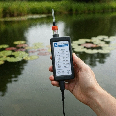 Hand holding a pond water testing kit with clear results