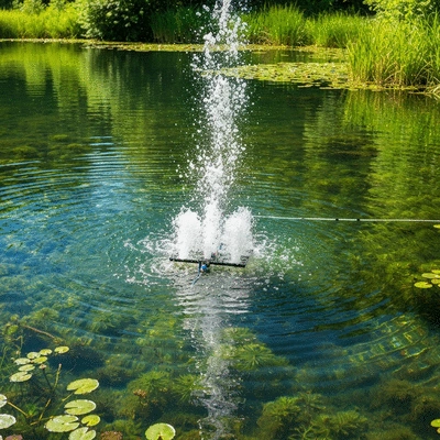 Pond aeration system with bubbles rising in a healthy pond