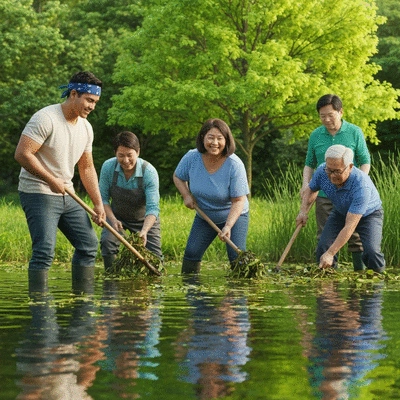 Community members cleaning a pond, working together, clear water