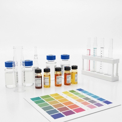 Close-up of a pond water testing kit with various vials and color chart