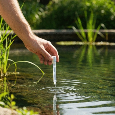 Hand holding a water testing kit over a clear pond, symbolizing regular monitoring