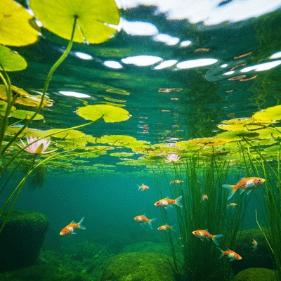 Close-up of clear pond water with aquatic plants and small fish, illustrating good water quality, no text, no words, no typography, no labels, clean image