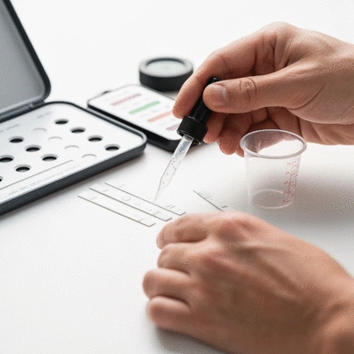 Someone testing pond water with a test kit, showing various water testing tools, no text, no words, no typography, clean image