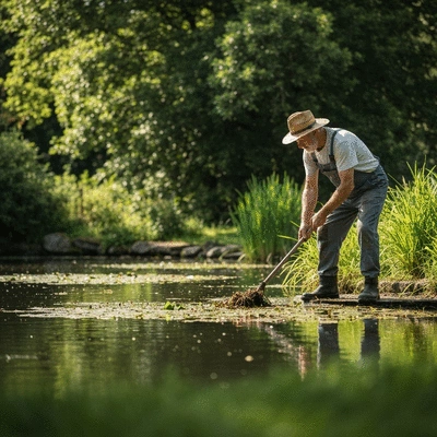 Pond caretaker performing seasonal maintenance tasks like cleaning or pruning