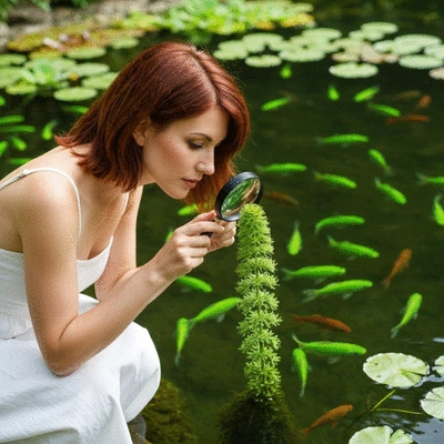 Person using a pond test kit to check water quality, no text, no words, no typography, clean image