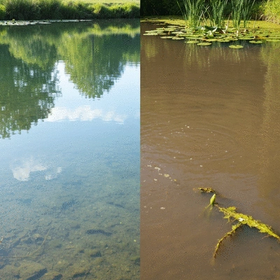 Clear pond water next to cloudy pond water, side by side comparison