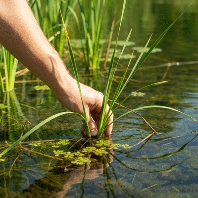 Close-up of a hand gently planting a native aquatic plant in a pond, demonstrating conservation techniques