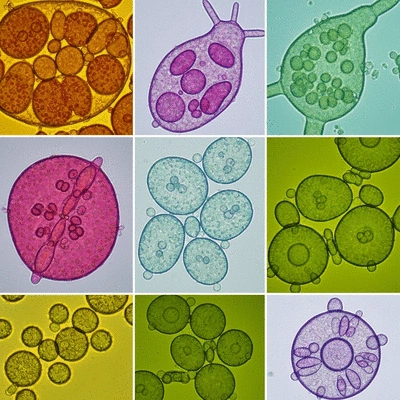 Microscope view of various algae and cyanobacteria under magnification
