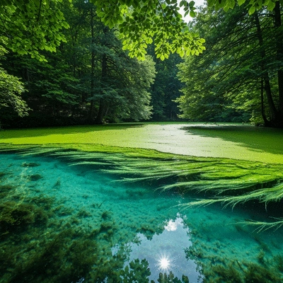 Different types of pond algae including green algae, blue-green algae, and filamentous algae in a clear pond environment