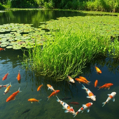 Healthy, clear pond with aquatic plants and fish, demonstrating ecological balance