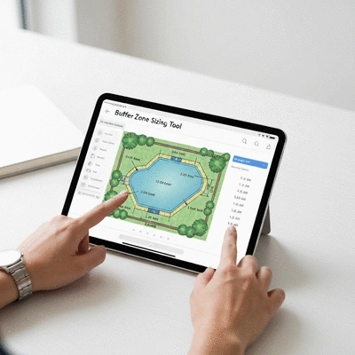 Digital tablet displaying a buffer zone sizing tool with a pond layout and measurement data