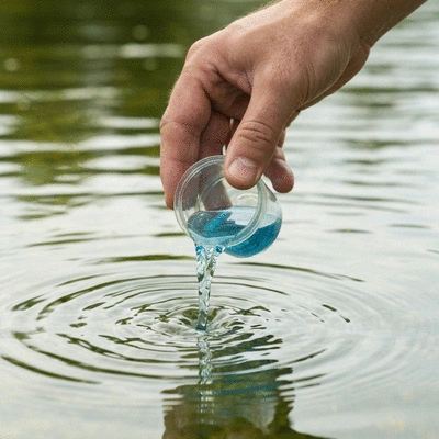 Hand pouring beneficial bacteria into a clear, healthy pond