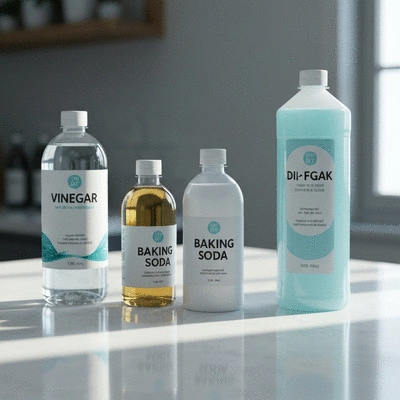 Various DIY algae control products like vinegar, baking soda, and pool shock on a clean counter