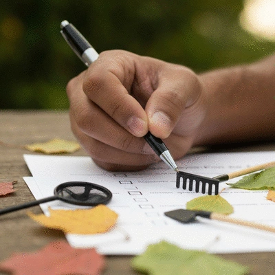 Close-up of a hand marking off items on a seasonal pond care checklist, surrounded by miniature pond tools and leaves, no text, no words, no typography, 8K