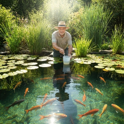 Pond owner adding beneficial bacteria to a beautiful, clear pond with fish and aquatic plants, no text, no words, no typography