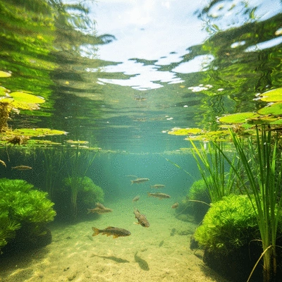 Clear pond water with fish swimming, showing healthy aquatic life