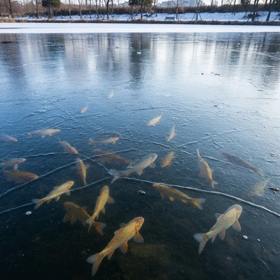 Frozen pond with fish swimming under ice, no text, no words, no typography, clean image